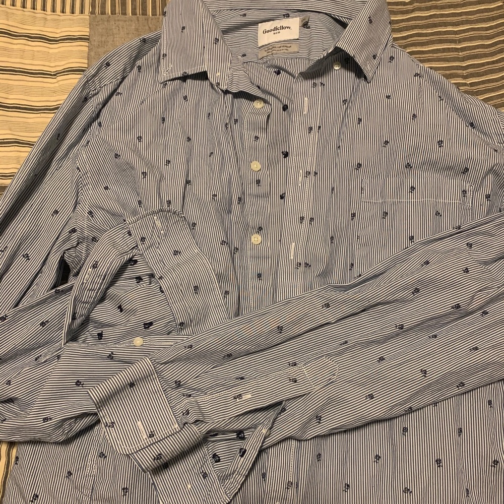 button down blue and white stripped floral shirt